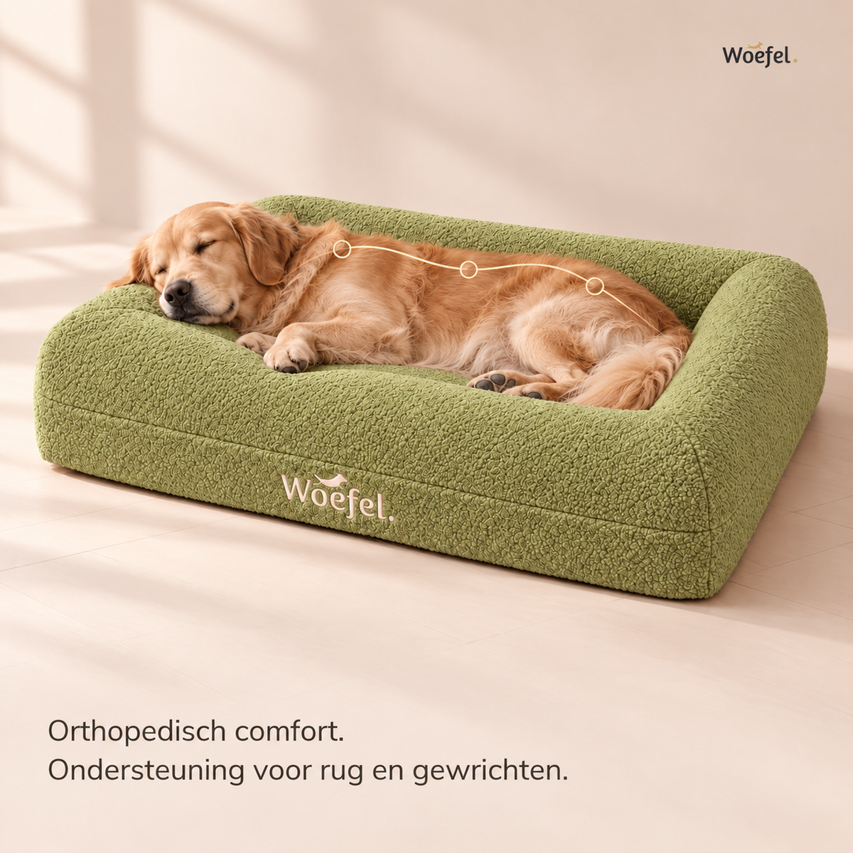 Golden retriever slaapt in de olijfgroene Woefel orthopedische hondenmand