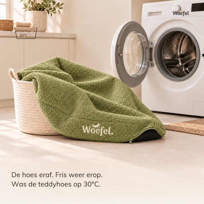 De afgeritste teddy hoes bij de wasmachine