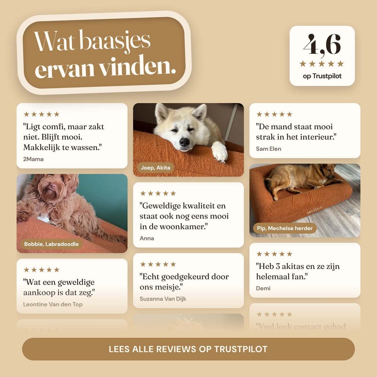 Reviews van klanten over de camel Woefel hondenmand, 4,6 op Trustpilot