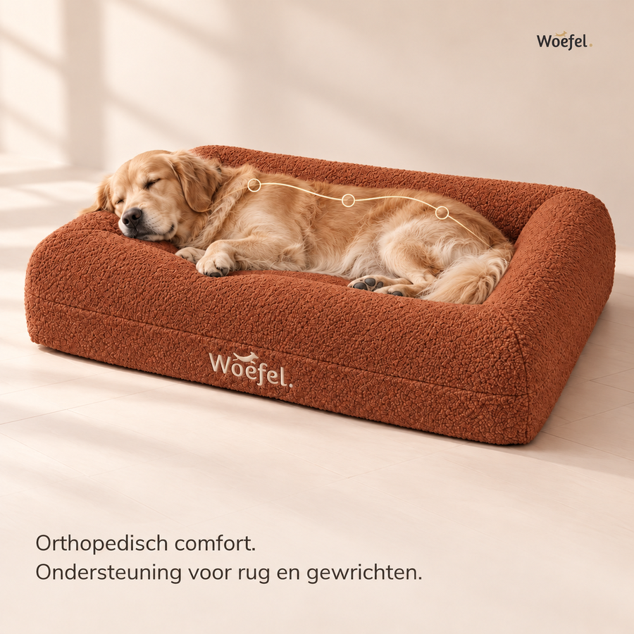 Golden retriever slaapt in een camel Woefel orthopedische hondenmand