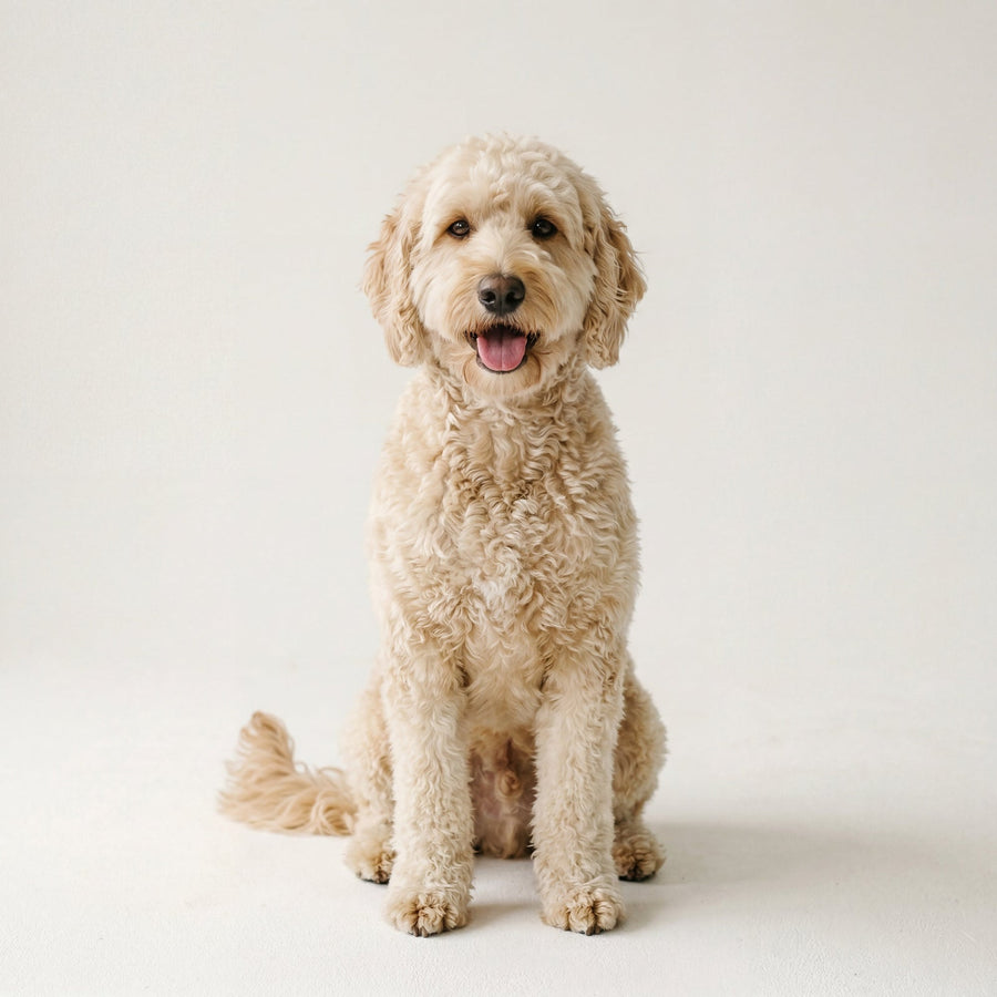 Volwassen labradoodle zit rechtop tegen een lichte achtergrond