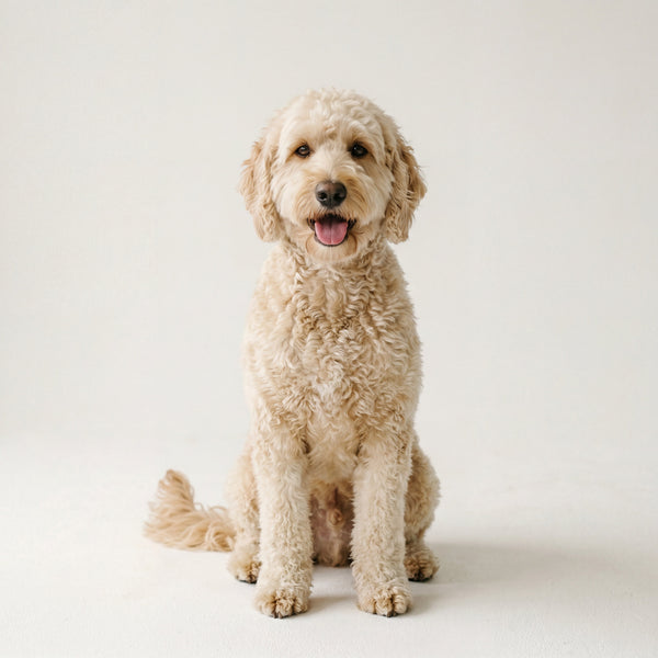 Labradoodle van maat M, past in een Woefel hondenmand van 94 bij 74 centimeter