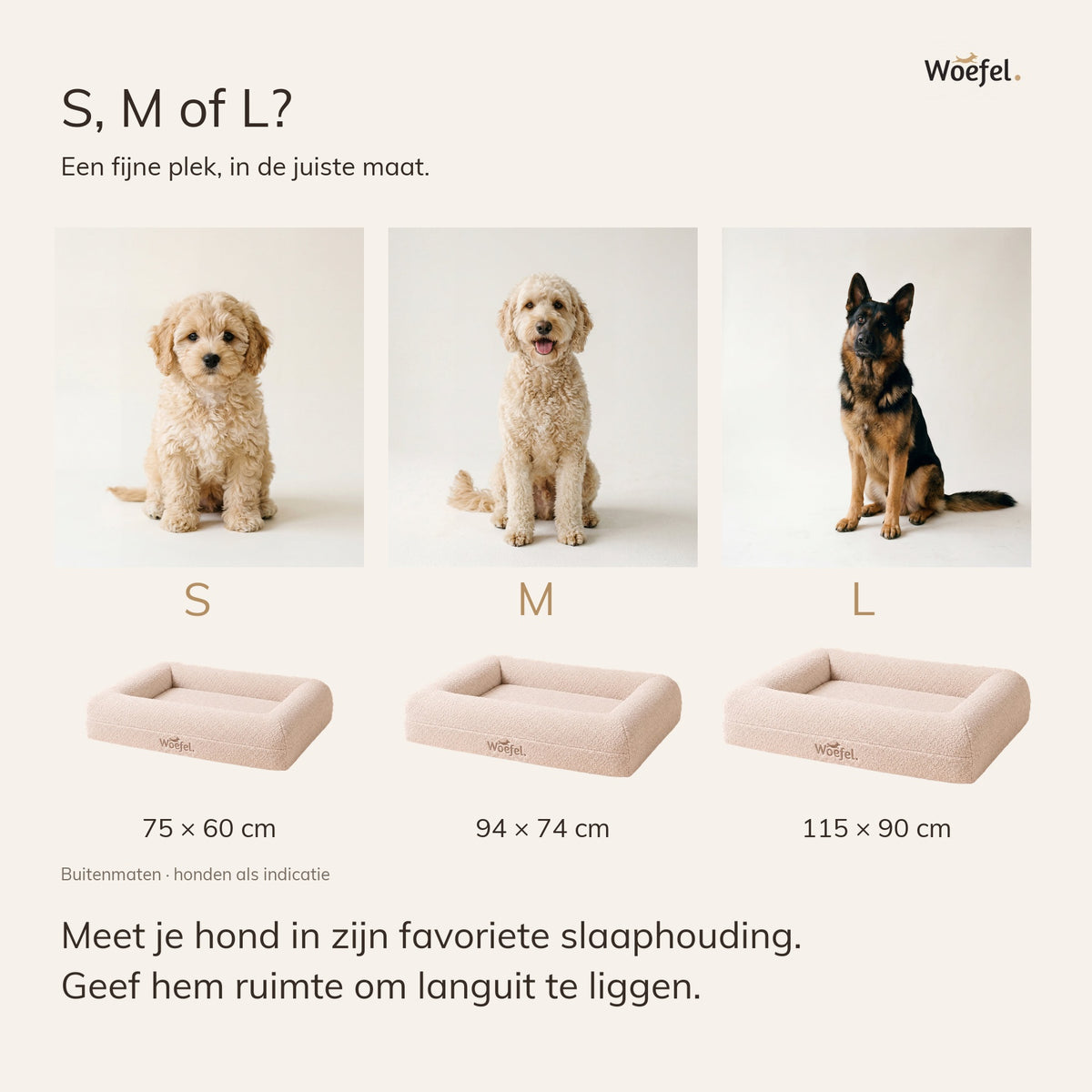 Maattabel Woefel hondenmand in beige: S 75 x 60 cm, M 94 x 74 cm, L 115 x 90 cm