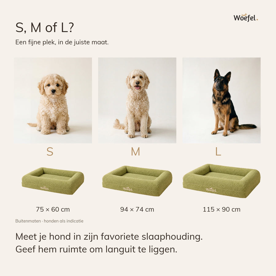 De drie maten van de Woefel mand naast elkaar: S, M en L